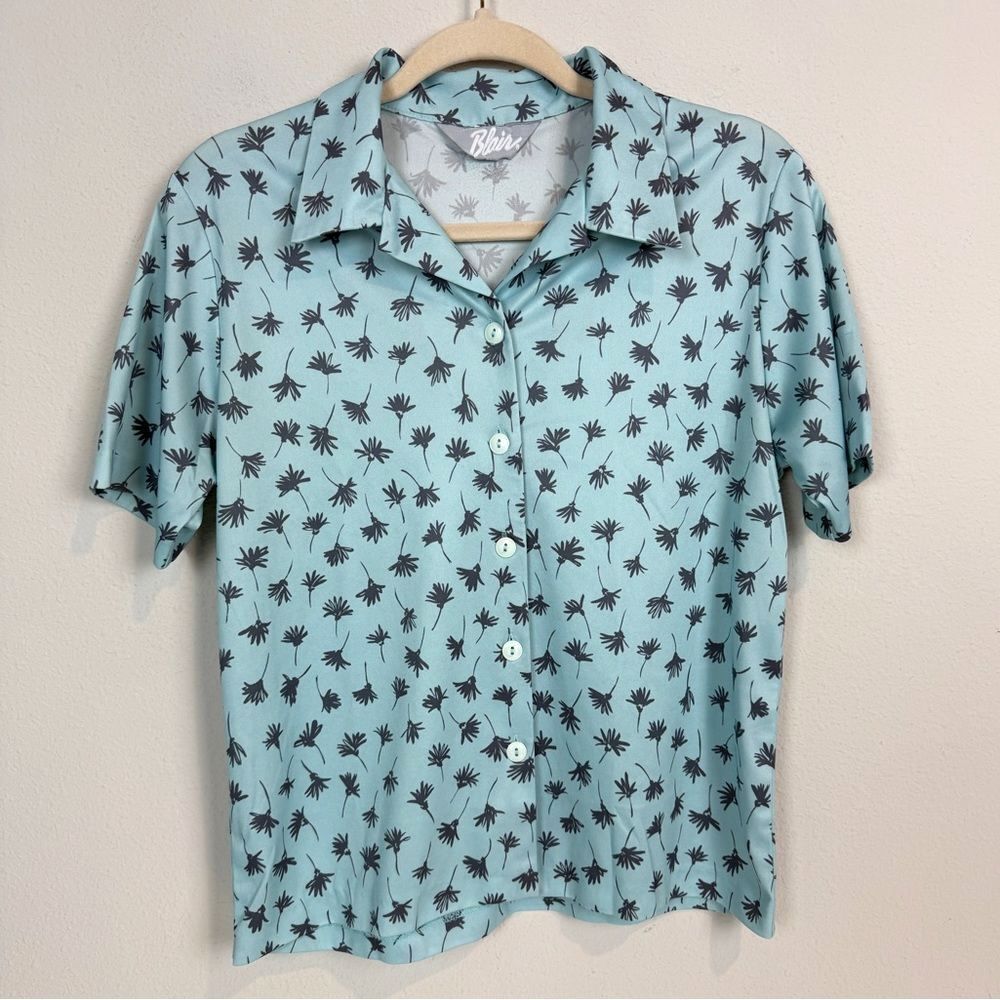 Vintage Blair Polyester 70s Light Blue Floral Short Sleeve Shirt M